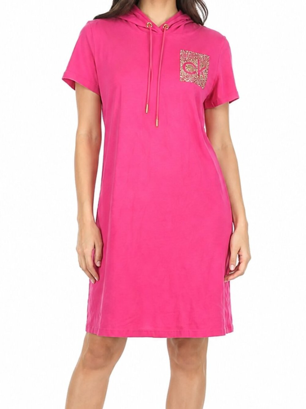 Calvin Klein Pink Rhinestone Logo Hooded T-Shirt Dress, L